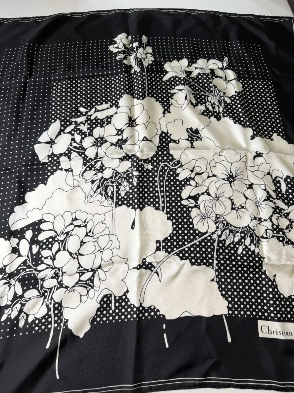 Christian Dior 100% Silk Black Ivory Floral Square Scarf